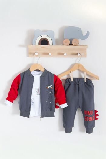 Minigimin Cicileri My Little One's Cicileri Dino Patterned Baby Boy 3-Piece Set - Red