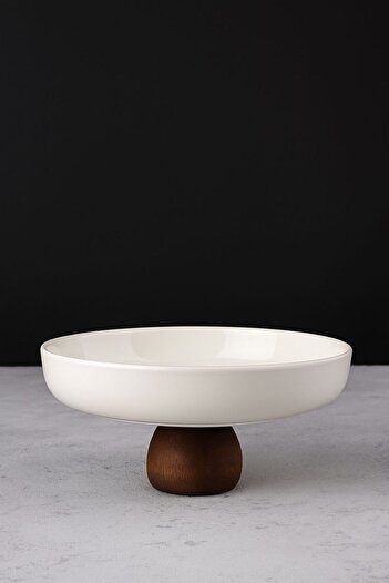 MODA OZY Porcelain Presentation Plate with Wooden Stand, Presentation Plate, Fruit Bowl, Salad Bowl, Presentation Plate