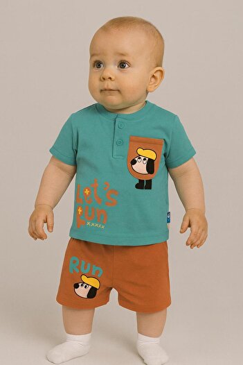 RAPAPA Let’S Run Dog Patterned 2-Piece Baby Set – Turquoise & Tile 25187