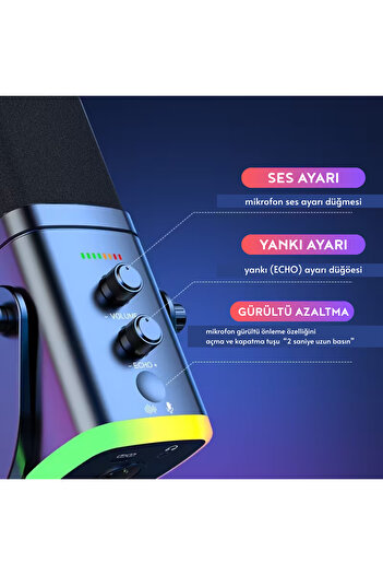 Rever PRO++ Yayıncı Mikrofonu Profesyonel Gaming Oyuncu RGB Işıklı Masaüstü Mikrofon