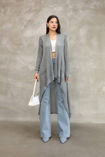 AYASOFYA OTANTIK Women's Gray Non-Fading Distressed Detailed Loose Cotton Knitwear Long Cardigan Cap