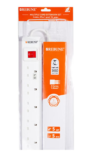 rebune 5-Port Power Extension with a 5-Meter Cable and 2990W Power RE800-5M