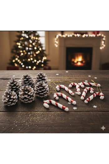 Deniz Party Store Christmas 6-Piece Cane and 6-Piece Snow-Covered Pine Cone 2-Piece Set Pine Tree Ornament