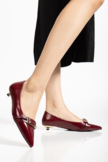 Dilimler Ayakkabı Women's Short Heeled Shoes Burgundy Patent Leather Small Heel Strappy