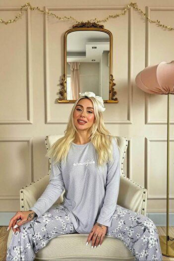 Pijamaevi Gray Beautiful Patterned Long Sleeve Bamboo Knitted Women's Pajama Set