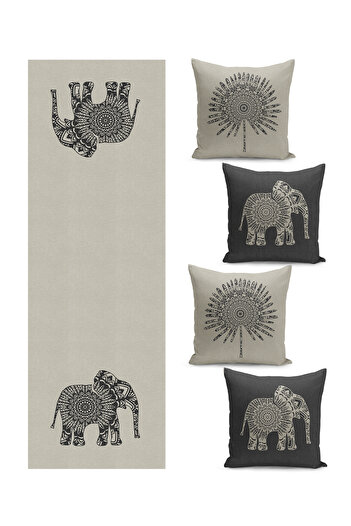 Filamente Special Design Quartet Kirlent Cover and Runner Set - Ethnic Elephant Patterned