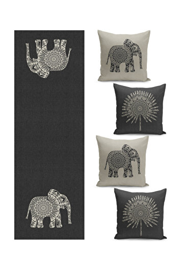 Filamente Special Design Quartet Kirlent Cover and Runner Set - Ethnic Elephant Patterned