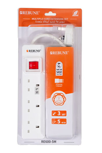 rebune 3-Port Power Extension with a 5-Meter Cable and 2990W Power RE600-5M