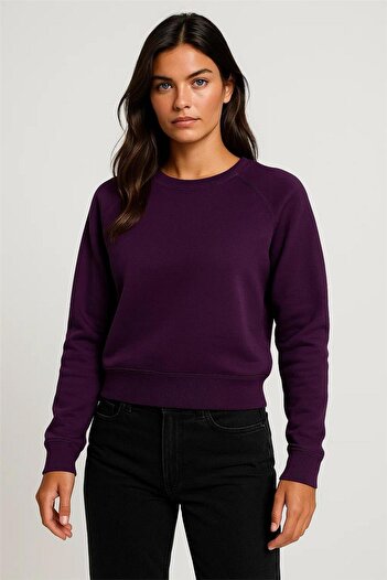 WeShaya Purple Raglan Sleeve Ribbed Detailed Crew Neck Three Thread Ribbed Crop Sweatshirt