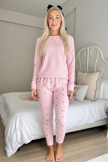 Pijamaevi Pink Pafilo Desenli Uzun Kollu Waffle Örme Kadın Pijama Takımı