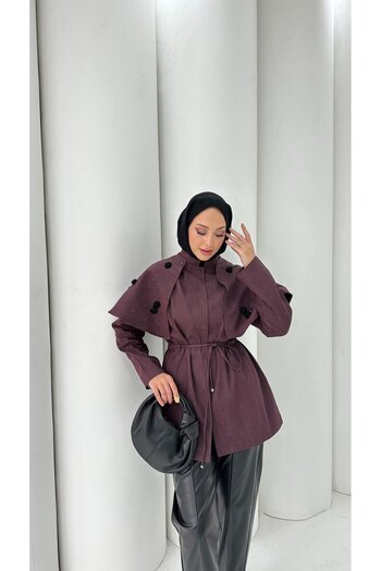 BZ BUTİK Floral Motif and Stone Embellished Cape Tie-Up Jacket