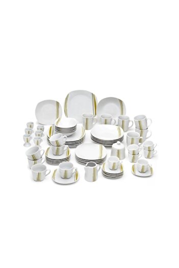 OEM Dinner and Coffee Service for 6 People, 62 Pieces, Van Well, White-Green Stripe