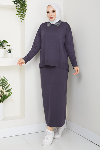 Pamuk Butik Women's Double Set with Mercerized Skirt and Stone Collar