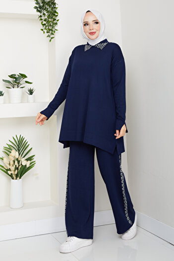 Pamuk Butik Women's Double Knitwear Set with Mercerized Pants and Stone Collar