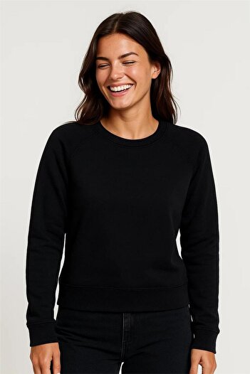 WeShaya Black Raglan Sleeve Ribbed Detail Crew Neck Three Thread Raised Crop Sweatshirt