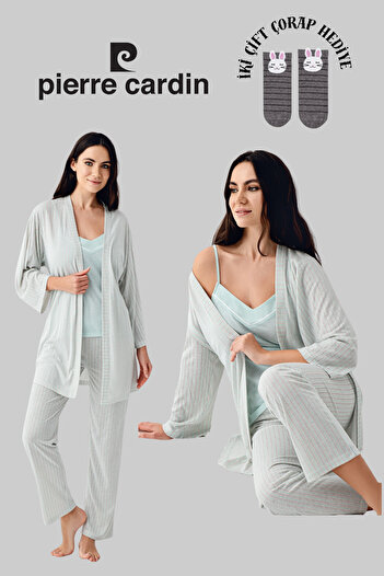 Pierre Cardin Women's 3-Piece Licensed Soft Texture Morning Gown Striped Pajama Set with 2 Pairs of Socks Gift