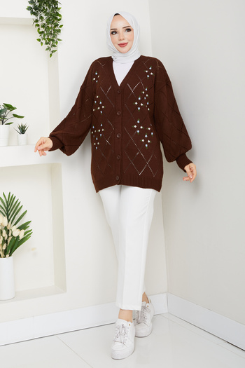 Pamuk Butik Women's Star Patterned Buttoned Knit Cardigan Bitter Brown