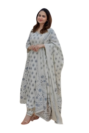 MYSMAR White Cotton Salwar Kameez Dupatta - ALV1429 | White