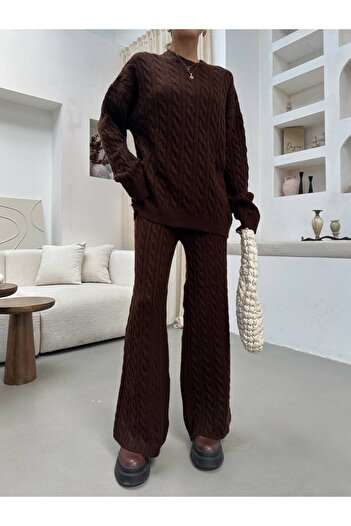 BOUQUET OF TULİP Hair Braid Model Crew Neck Sweater Knitwear Pants Set