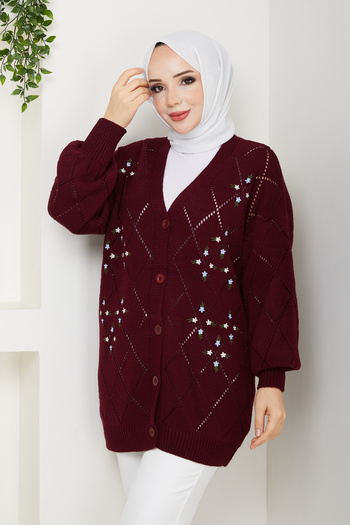 Pamuk Butik Women's Star Patterned Buttoned Knitwear Cardigan Burgundy