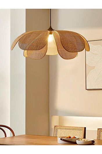 burenze Modern Bohem El Yapımı Orijinal Hasır Bambu Rose Çiçek Sarkıt Avize