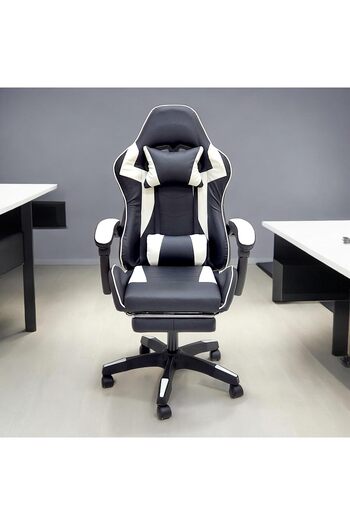 Sabir and Bros Furniture LLC SBF Faux Leather Gaming Chair with Footrest, Adjustable Height, Office Computer Chair, White Black