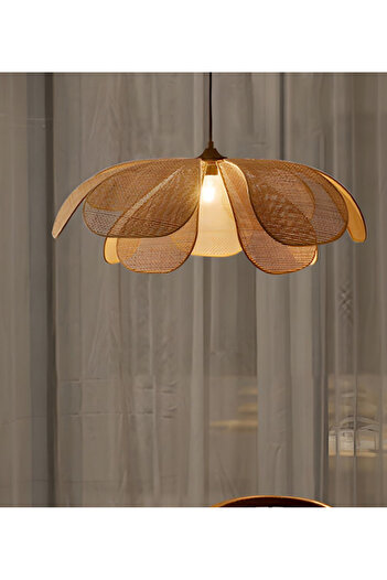 burenze Modern Bohem El Yapımı Orijinal Hasır Bambu Rose Çiçek Sarkıt Avize
