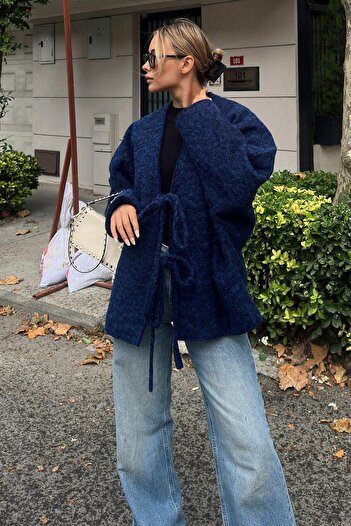 Swist Navy Blue Oversize Women's Wool Cashmere Jacket with Tie Detail