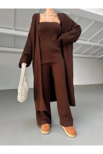 BOUQUET OF TULİP Strapless Blouse Knitwear Pants Cardigan Three-Piece Set