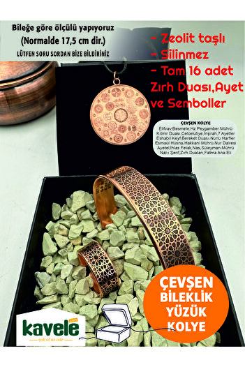 KAVELE Raw Pure Copper Magnetically Armored Cevşen Copper Necklace-Bracelet-Ring Set-In Gift Box