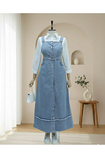 Modamorfo Skirt with Tassel Detail, Buttoned Front, Pocketed Denim Salopet - Ice Blue