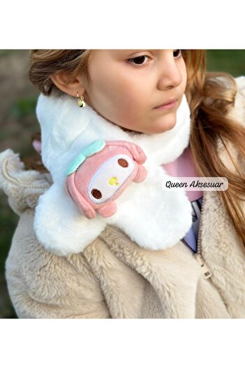 QUEEN AKSESUAR Cute Kuromi My Melody Figured Plush Toy Soft Neck Scarf with Fluffy Fur White