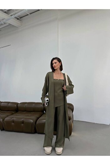 BOUQUET OF TULİP Strapless Blouse Knitwear Pants Cardigan Three-Piece Set