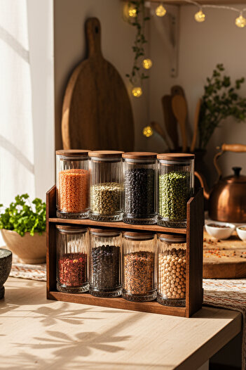Snippy Mira Large - Set of 8 Glass Spice Jars with Vacuum Wood Lid and Wooden Stand Storage Container Set 445 ml