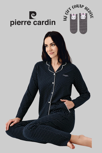 Pierre Cardin Women's Navy Blue Licensed Soft Texture Long Sleeve Buttoned Women's Pajama Set 2 Pairs Socks Gift