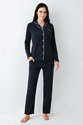 Pierre Cardin Women's Navy Blue Licensed Soft Texture Long Sleeve Buttoned Women's Pajama Set 2 Pairs Socks Gift