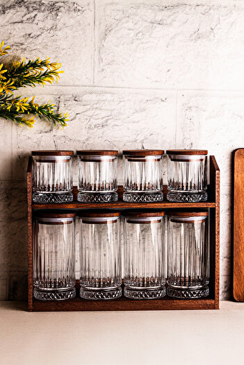 Snippy Mira Mix - Set of 8 Glass Spice Jars with Vacuum-Sealed Wooden Lids and Wooden Stand Storage Container Set