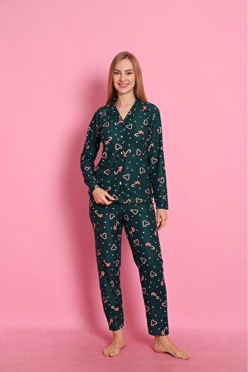Free Beka New Year Patterned Long Sleeve Button Front Shirt Collar Women's Pajama Set