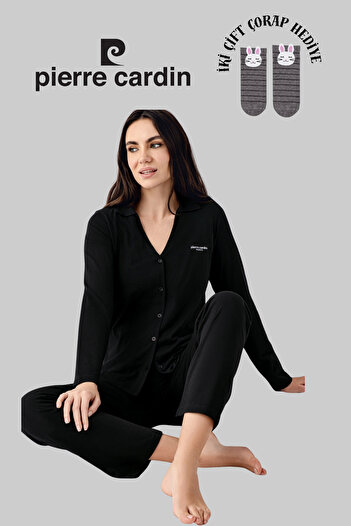 Pierre Cardin Women's Black Licensed Soft Texture Long Sleeve Buttoned Women's Pajama Set 2 Pairs of Socks Gift