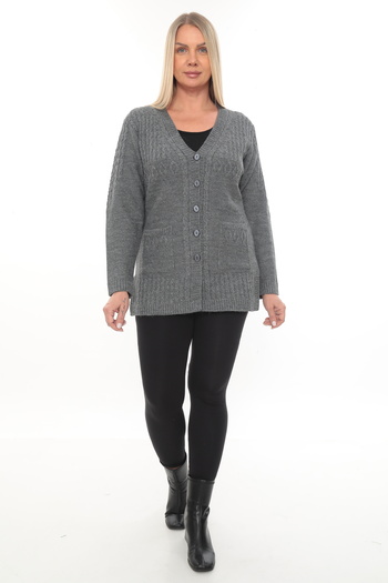 İKSUN Women's Buttoned Pocket V-Neck Knit Wool Mother Knitwear Winter Cardigan