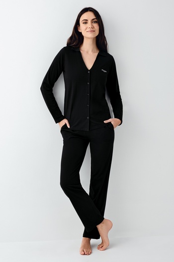 Pierre Cardin Women's Black Licensed Soft Texture Long Sleeve Buttoned Women's Pajama Set 2 Pairs of Socks Gift