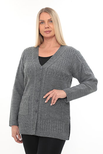 İKSUN Women's Buttoned Pocket V-Neck Knit Wool Mother Knitwear Winter Cardigan