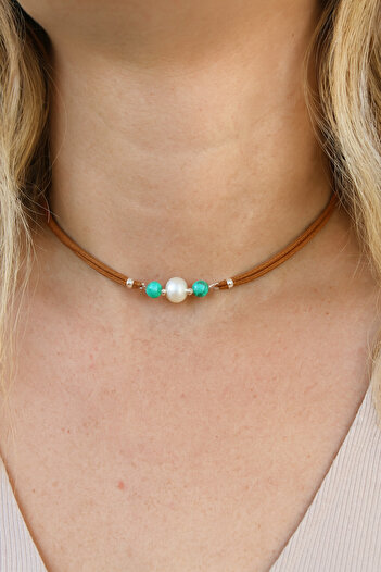 Kutcha Accessories Brown Suede Drawstring Pearl and Turquoise Natural Stone Handmade Necklace