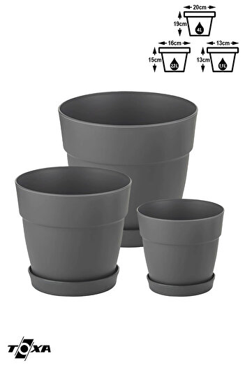 ToXA 3 Boy Mono Saksı Seti Tabaklı Drenaj Delikli Plastik Çiçek Saksısı Set