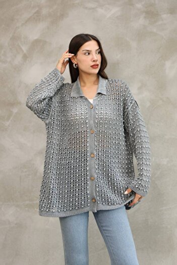 AYASOFYA OTANTIK Women's Gray Button Closure Vintage Loose Cotton Knitwear Long Cardigan Cap