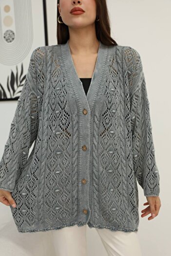 AYASOFYA OTANTIK Women's Gray Button Closure Vintage Loose Cotton Patterned Knitwear Long Cardigan Cap