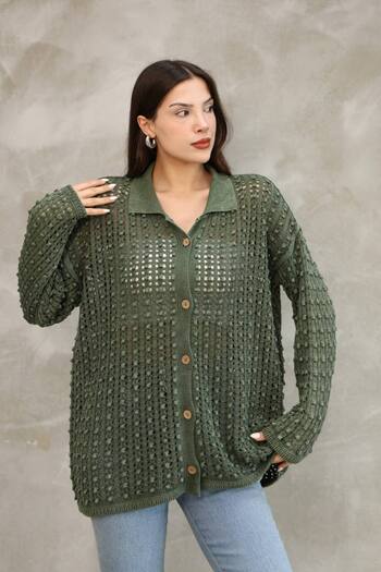 AYASOFYA OTANTIK Women's Khaki Button Closure Vintage Loose Cotton Knitwear Long Cardigan Cap