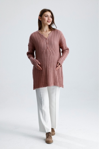 KATLİN MATERNİTY WEAR Hair Braid Pattern Maternity Tunic, Thick and Lycra Knit Fabric, Collar Button Detail (Breastfeeding)