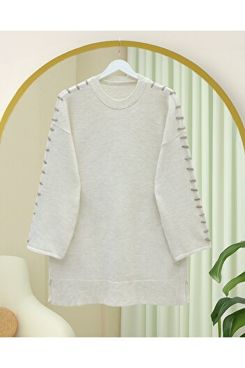 Modamorfo Striped Knit Tunic with Drawstring Sleeves - Cream