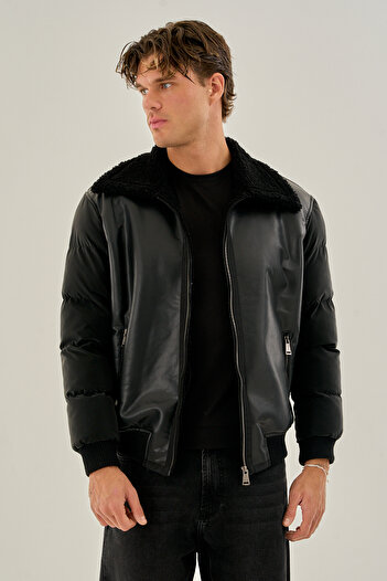 Rogyi Tekstil Men's Black Collar Fur Premium Quality Black Leather Coat Jacket
